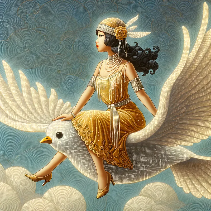 Flapper Dove - Ada Wong dressed as a flapper in gold sitting on a giant white dove. - AI image generated with Art - oil art, cartoony, intricate details
