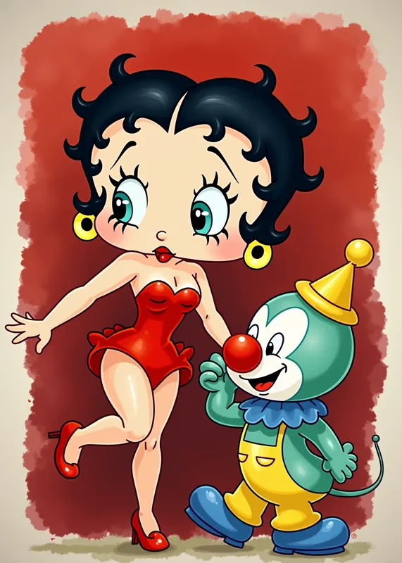 Fleischer-Style Betty Boop Circus - 
An 8k resolution Animated poster art watercolor and line wash of the classic Max Fleischer style Betty Boop with Max Fleischer style of Ko Ko the clown in a circus - AI image generated with Photorealistic 2