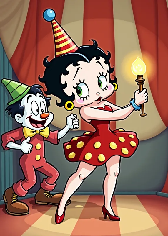 Fleischer-Style Betty Boop Circus - 
An 8k resolution Animated poster art watercolor and line wash of the classic Max Fleischer style Betty Boop with Max Fleischer style of Ko Ko the clown in a circus - AI image generated with Photorealistic 2