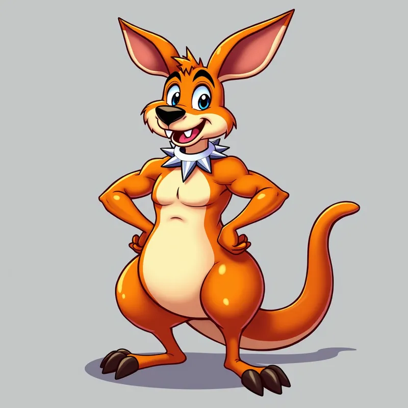 Flexing Kangaroo - This image features a muscular orange cartoon kangaroo with a cream-colored belly and chest. The kangaroo stands with front paws on its hips and flexes its left arm. It has large, expressive eyes, a small black nose, and a cheerful smile with sharp teeth. A white spiked collar with jagged silver spikes adorns its neck. The background is solid gray to keep the focus on the energetic and rugged kangaroo. - AI image generated with Photorealistic 2