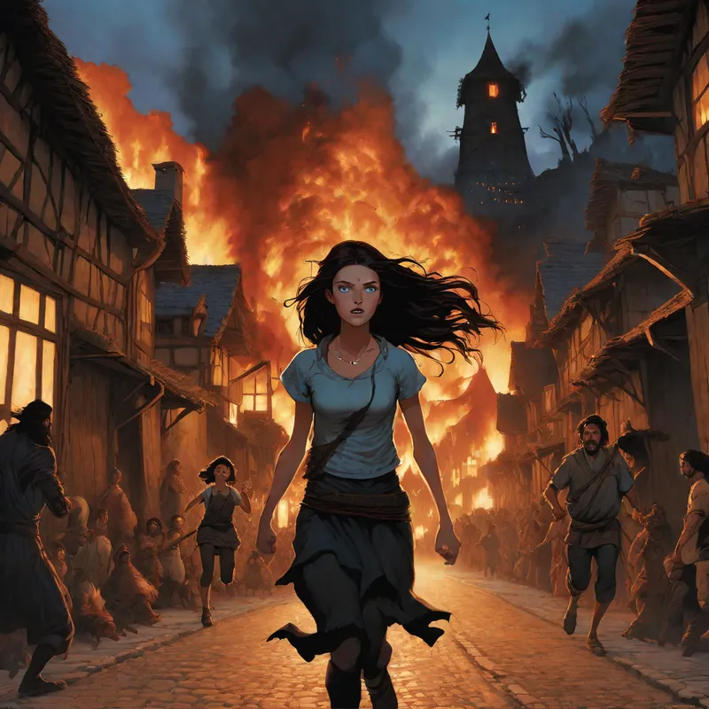 Flight Through the Burning Night - A dramatic night-time image of a young woman with flowing auburn hair and piercing blue eyes running down a burning village street. She tightly holds a little girl with long black hair, face hidden in her shoulder, while monstrous, black-furred creatures with glowing red eyes pursue them and terrorize the villagers in the background. - AI image generated with Fictional