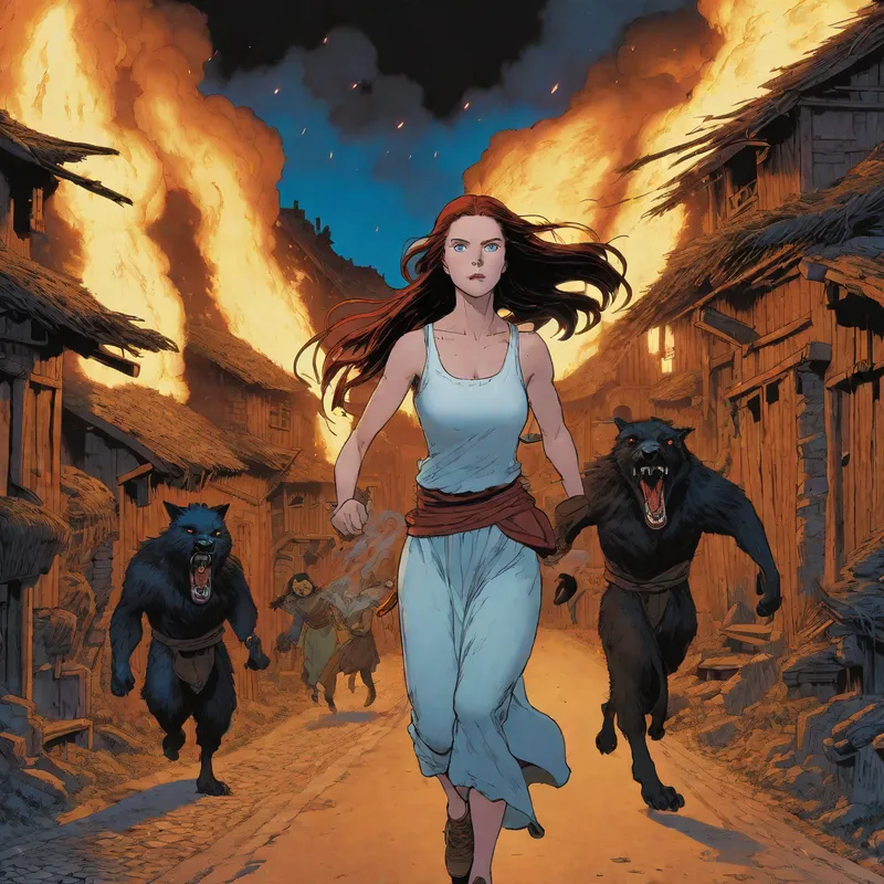 Flight Through the Burning Night - A dramatic night-time image of a young woman with flowing auburn hair and piercing blue eyes running down a burning village street. She tightly holds a little girl with long black hair, face hidden in her shoulder, while monstrous, black-furred creatures with glowing red eyes pursue them and terrorize the villagers in the background. - AI image generated with Fictional