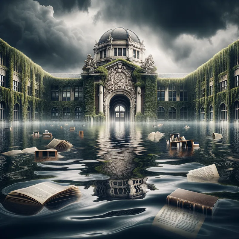 Flooded Institute - A surreal scene of an academic institute, partially submerged in water. The main building, with its grand architectural design and ivy-covered walls, is surrounded by floodwaters. The water level reaches halfway up the main entrance, with reflections of the institute shimmering on the surface. Elements like floating books, scattered desks, and partially submerged statues add to the sense of chaos and surrealism. Dark clouds loom overhead, casting a gloomy atmosphere over the scene. - AI image generated with Art