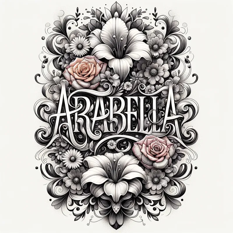 Floral Arabella - A tattoo design with the word 'Arabella' intertwined with beautiful, intricate floral patterns. - AI image generated with Art