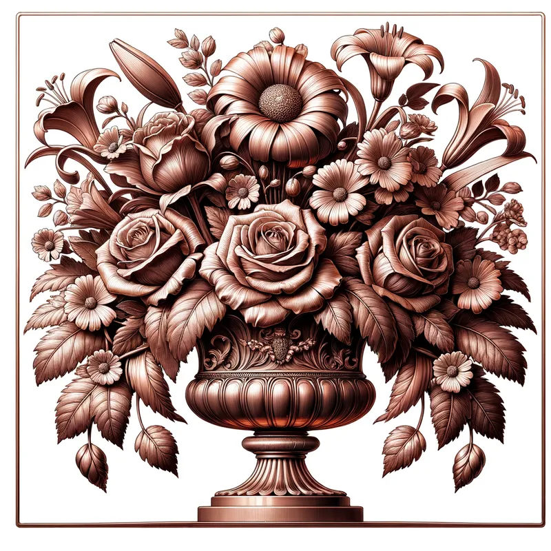 Floral Arrangement - A close-up view of an intricate floral arrangement featuring roses, lilies, and daisies in a beautiful glass vase. - AI image generated with Art - copper relief