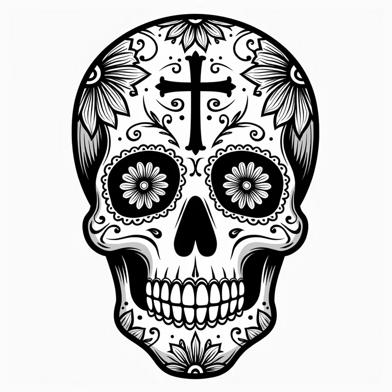 Floral Cross Skull - An artistic black and white sugar skull decorated with intricate floral designs. A cross is centered on the forehead, with vibrant flowers blooming from the eye sockets. - AI image generated with Photorealistic 2 - tattoo drawing, contour drawings, cartoony
