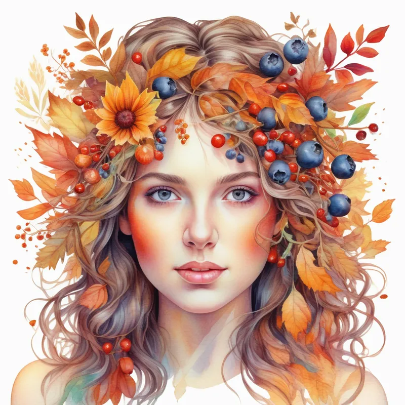 Floral Fall Reverie - A colorful, ultra-detailed feminine portrait featuring a woman with autumn flowers and berries cascading through her hair, artistic and refined, bright vibrant hues, clean isolated white background. - AI image generated with Photorealistic - chalk, watercolor