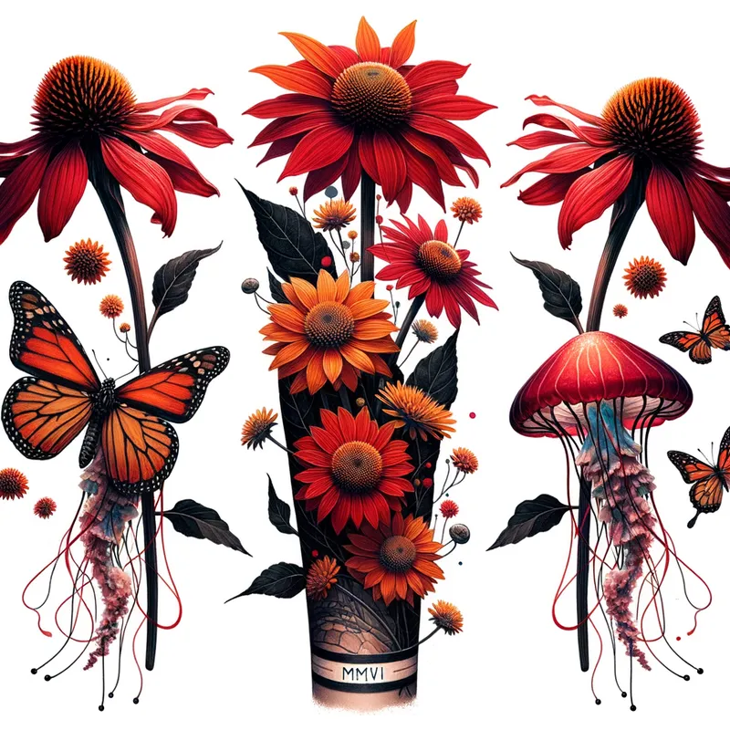 Floral Harmony - A beautifully balanced sleeve tattoo design highlighting echinacea and antirrhinum flowers in rich red and orange tones. The flowers intertwine with the butterfly, jellyfish, and a subtle 2006 in Roman numerals, all unified by the black accents. - AI image generated with Art - watercolor, abstract