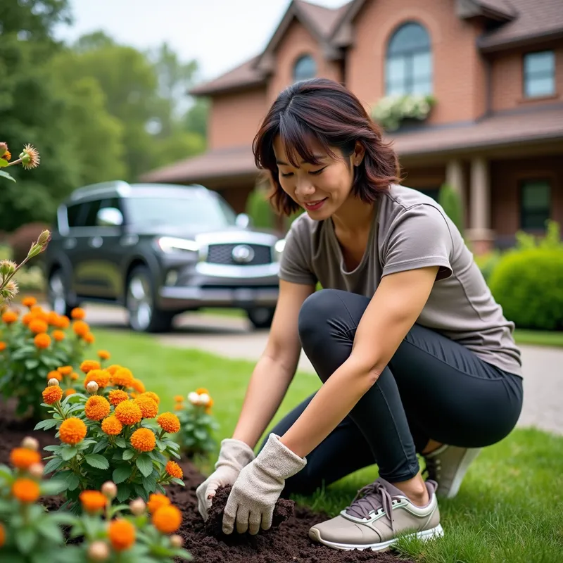 Floral Oasis - An Asian woman, her short wavy hair slightly tousled, is busy planting new bulbs in her flower garden. Dressed in garden gloves, long leggings, and a short-sleeved top with casual sneakers, she is surrounded by vibrant flowers and neatly trimmed shrubs. A picturesque two-story brick home and a 2025 Infiniti SUV Q80 form the perfect background for this peaceful gardening scene. - AI image generated with Photorealistic 2