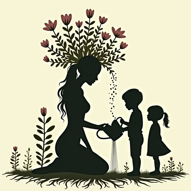 Flourishing Bonds - An artistic silhouette of a woman on her knees with her head down, receiving water from a heart-shaped watering can held by a young boy. Flowers bloom from her head, with roots trailing to keep her grounded. Two girls, a toddler and an older sister, care for the flowers, symbolizing their connection through nature. The roots extend from the woman and intertwine with the children's forms. - AI image generated with Photorealistic 2