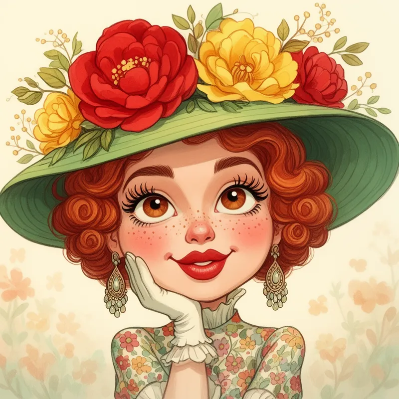 Flower Hat Daydreamer - A whimsical, quirky, comical young woman in a stylized vintage fashion portrait, featuring curly red hair under a broad green hat adorned with oversized red and yellow flowers and delicate leaves. Her facial features include arched brows, long curled lashes, warm brown eyes, scattered freckles, rosy cheeks, and plush red lips. She rests her chin on a gloved hand, smiling dreamily. She is dressed in floral-patterned clothing with large dangling earrings, evoking retro elegance and playful charm. Bright artistic composition, imaginative illustration, soft vivid colors, highly expressive character. - AI image generated with Flux 2