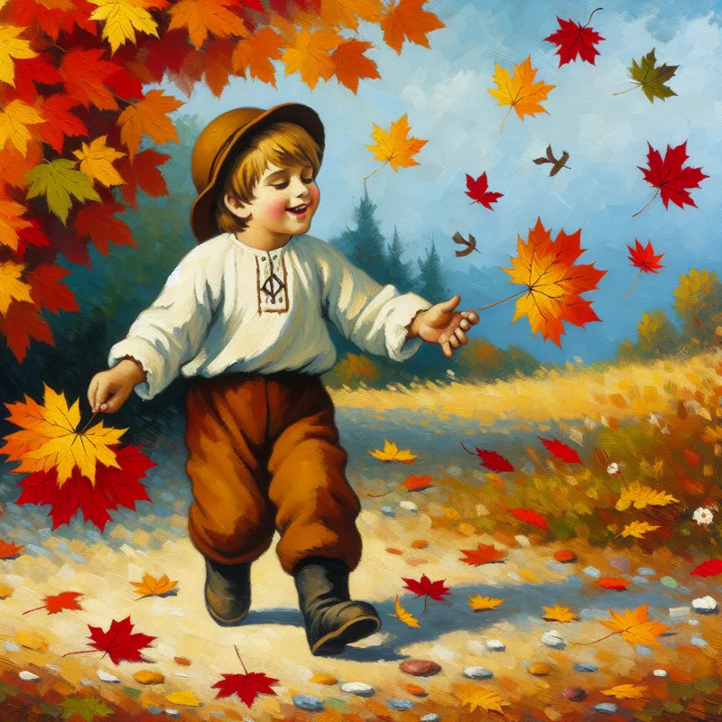 Folk Art Boy Catching Leaves - A naive/folk‑art style illustration of a young boy catching falling autumn leaves - AI image generated with DALL-E 3