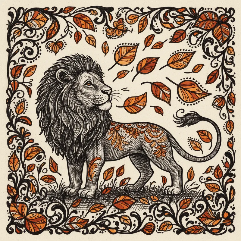 Folk-Art Lion Watching Autumn Leaves - An illustration in an ornate, decorative folk‑art style with bold black outlines, dense hatch lines, and patterned shapes of a lion watching autumn leaves fly in the wind - AI image generated with Flux 2