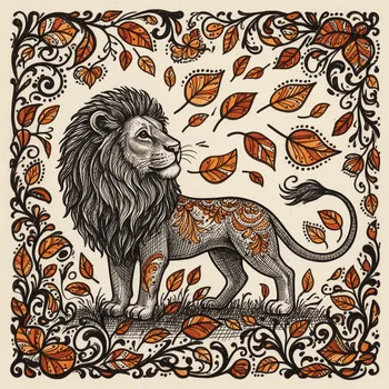 Folk-Art Lion Watching Autumn Leaves