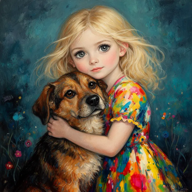 Folk-Art Whisper - A dreamy whimsical portrait featuring a blonde girl with striking storm-grey eyes hugging a dog with heartfelt affection. Her bright abstract dress is decorated with vivid splashes of color, glowing under soft gentle light. The dog is painted with rich fur texture and bold expressive strokes, surrounded by moody blue-green backdrop textures. The scene carries a charming folk-art influence, expressive features, subtle vintage character, surreal innocence, and the tactile look of handcrafted acrylic fine art. - AI image generated with Flux 2