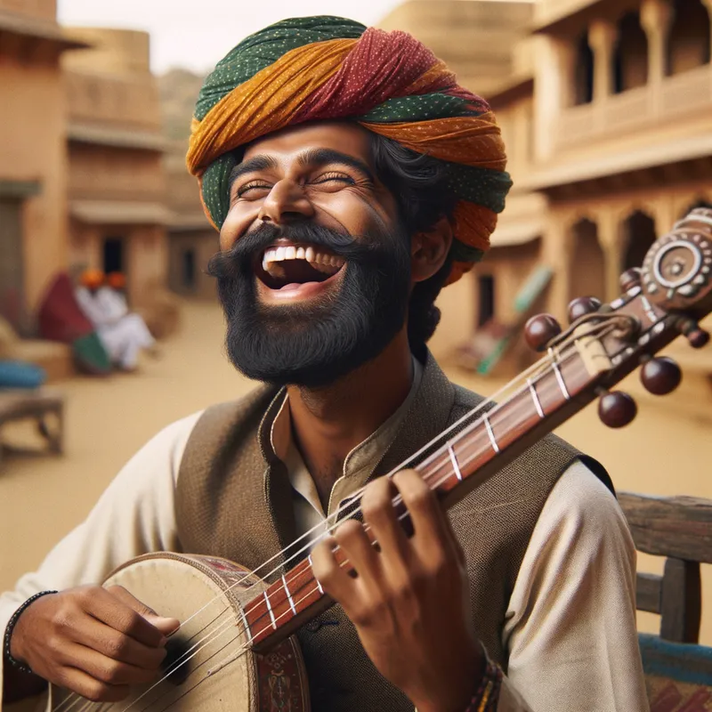 Folk Rhythms - A joyful scene of a Rajasthani male singer with a soulful expression, playing the traditional Rajasthani string instrument, with a village scene in the background. - AI image generated with Art