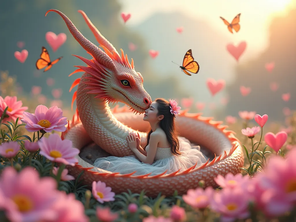 Folklore's Dream - A serene and fantastical scene captures a majestic dragon curled around a gentle maiden, inspired by Philippine folklore. Set in a landscape blooming with vivid flowers and butterflies, the soft pastel colors and floating love hearts create a dreamy and loving atmosphere. - AI image generated with Photorealistic 2 - close-up macro photograph, photorealistic