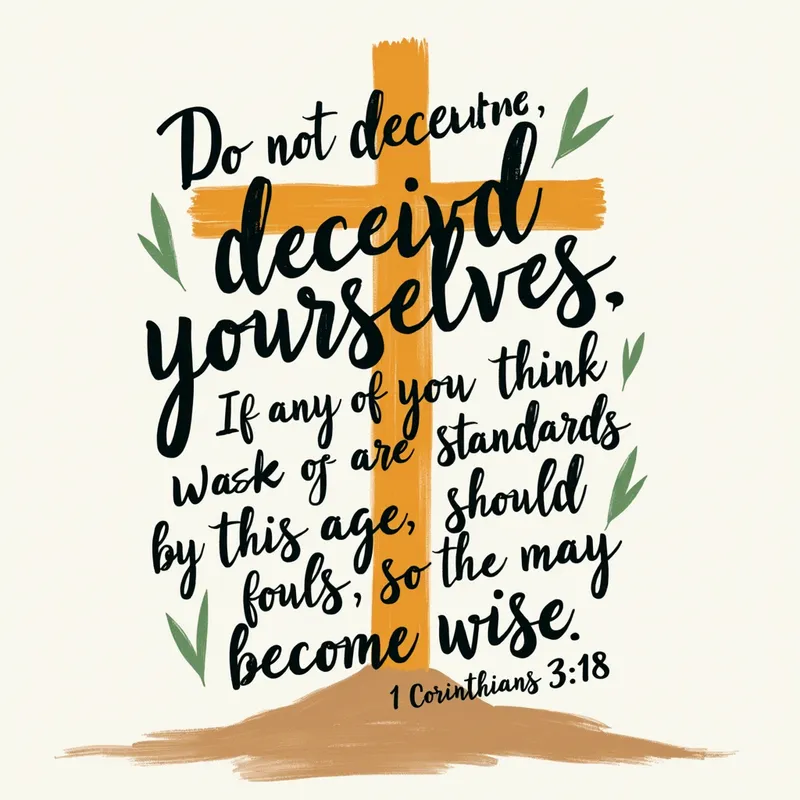 Foolish Wisdom - Illustrate the verse 'Do not deceive yourselves. If any of you think you are wise by the standards of this age, you should become fools so that you may become wise.' from 1 Corinthians 3:18. Feature a paint brush style font and place the cross in the background. - AI image generated with Photorealistic 2
