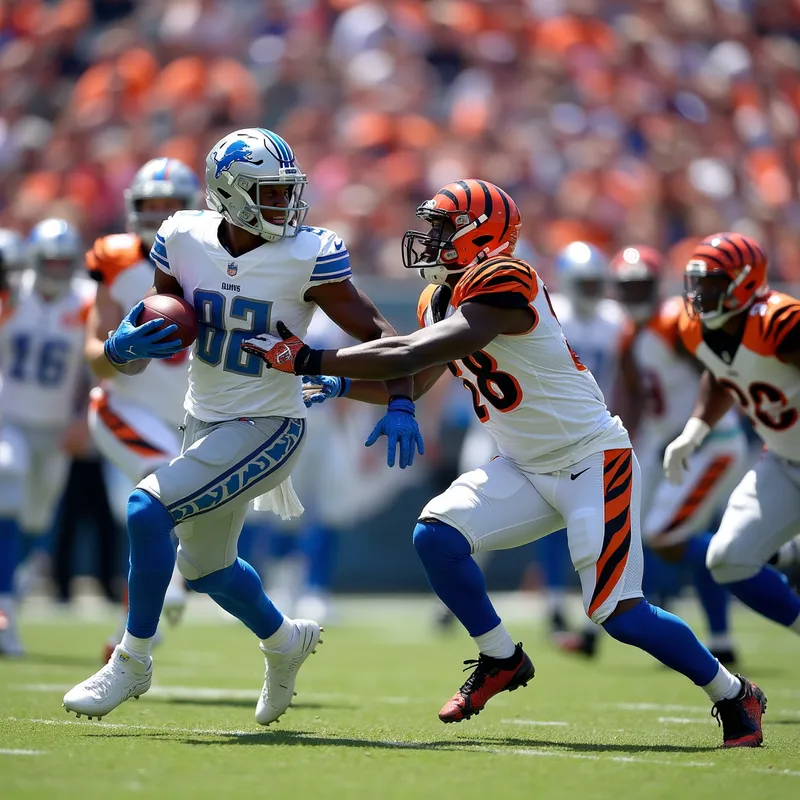 Football Face-Off - A dynamic football scene where the Detroit Lions team is running a successful play, outmaneuvering the Cincinnati Bengals players on a bright stadium field with roaring fans in the background. - AI image generated with Photorealistic 2