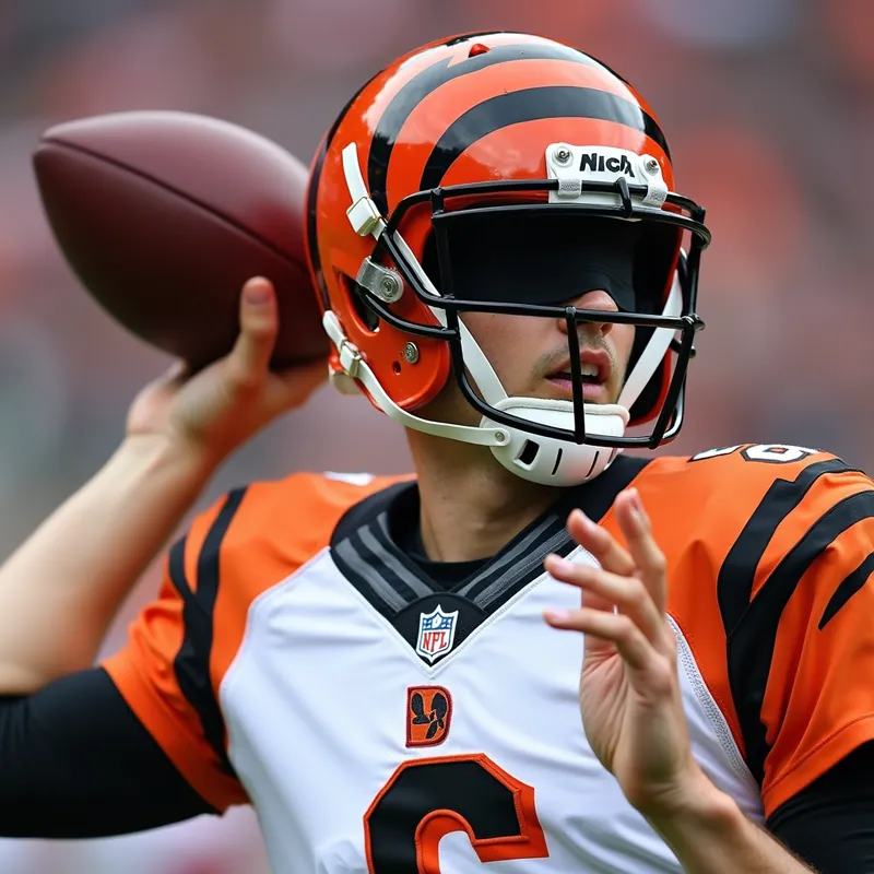 Football Precision - A close-up of Cincinnati Bengals #6 quarterback, blindfolded, with intense concentration as he throws a football. The background is slightly blurred to emphasize the quarterback. - AI image generated with Photorealistic 2