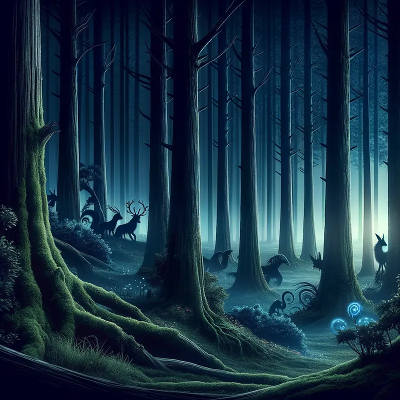 Forbidden Forest Mysteries - A twilight scene in the Forbidden Forest, with dense, dark trees, magical creatures peeking from behind trunks, and an eerie, mystical atmosphere enveloped in fog. - AI image generated with Art
