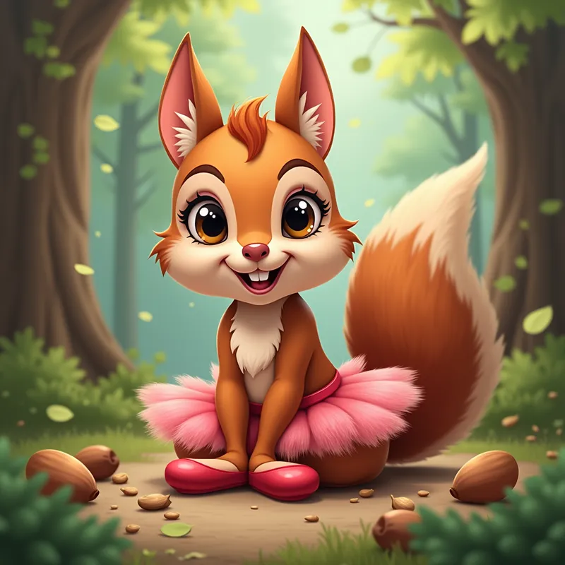 Forest Ballet Squirrel - An artistic representation of a beautiful ballerina in a cute squirrel costume. She is sitting in a forest clearing, surrounded by an assortment of nuts, and wearing striking red ballet pointe shoes. - AI image generated with Photorealistic 2 - cartoony