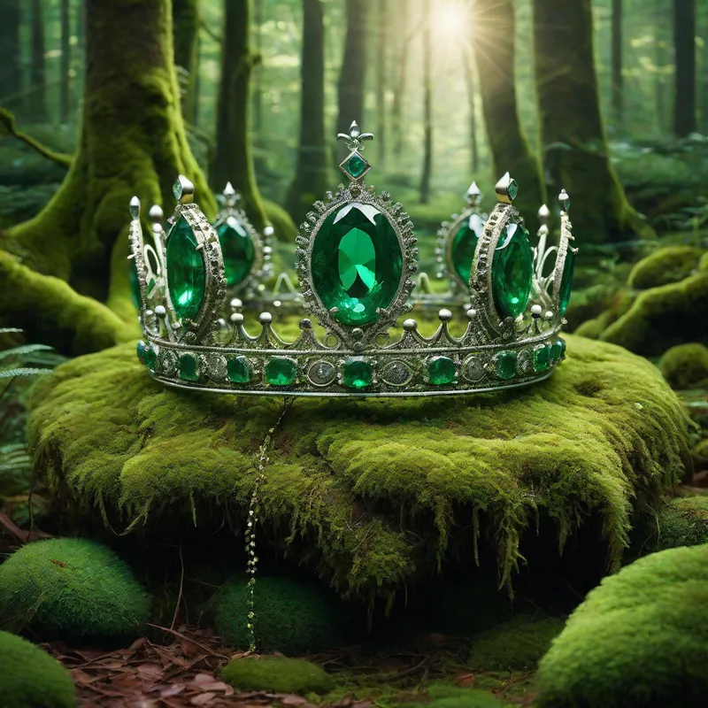 Forest Crown - A fantasy setting where a crown with shining emeralds is found resting on a moss-covered throne in the heart of an enchanted forest. - AI image generated with Photorealistic
