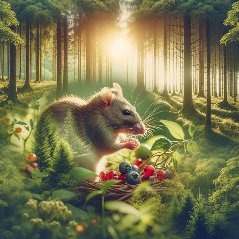 Forest Dweller - A peaceful image of a rat in a lush, green forest, gathering berries and nuts, with sunlight filtering through the trees, creating a serene atmosphere. - AI image generated with Art - double exposure
