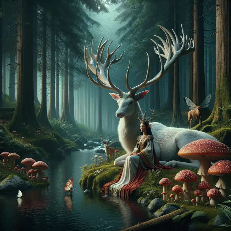 Forest Enchantment - A peaceful scene featuring an Elven Queen seated beside a magnificent white Stag with impressive antlers. They are set beside a tranquil river, in the midst of a dark, mystical forest filled with wildlife and delicate faeries. Various mushrooms, especially those with red caps and white spots, adorn the forest floor and the river’s edge. The forest environment is dense, allowing little sunlight to seep through. - AI image generated with Art