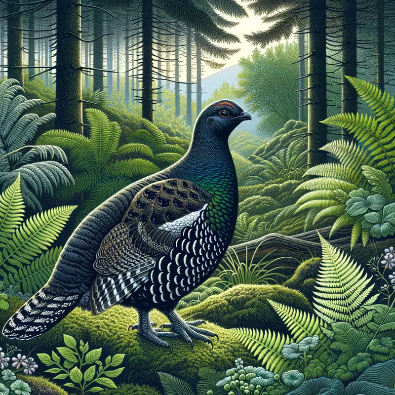 Forest Encounter - A detailed illustration of a black grouse standing on the forest floor, surrounded by lush greenery, ferns, and the dappled light filtering through the trees. - AI image generated with Art