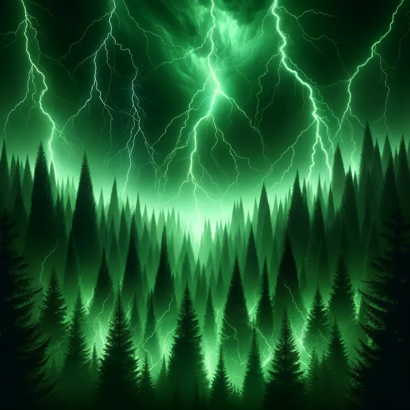 Forest Fury - A fierce and dramatic portrayal of a forest caught in the midst of a green lightning storm. The lightning's striking green hues contrast sharply with the dark, towering trees, creating a sense of nature’s raw power. - AI image generated with Art