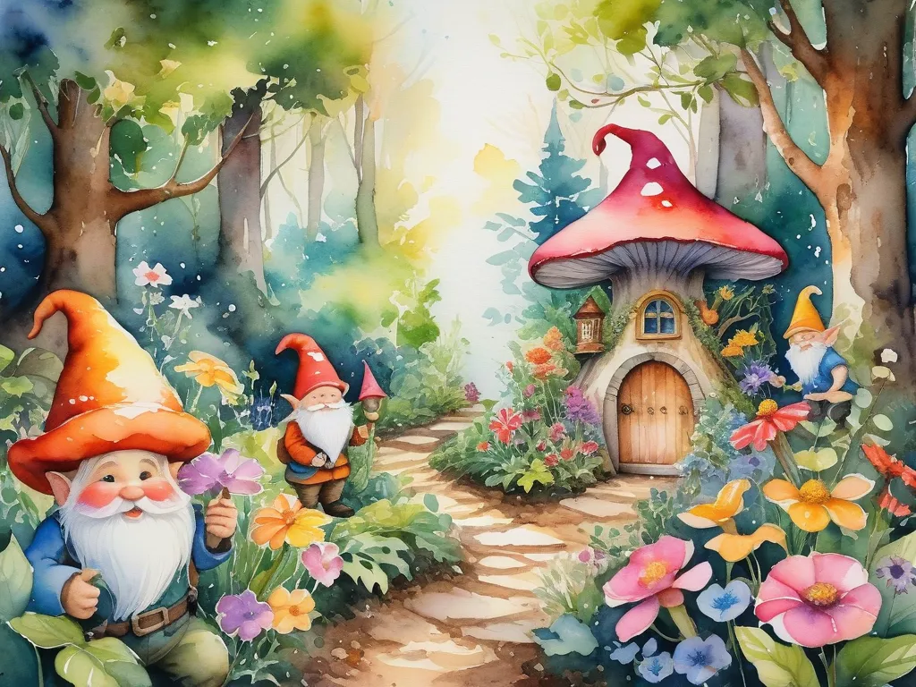 Forest Gnomes' Secret Garden - A whimsical watercolor painting featuring a secret garden hidden deep within the forest, tended by cheerful gnomes. The garden is a riot of colors with blooming flowers, winding vines, and soft light filtering through the tree canopy, creating a magical, vintage feel. - AI image generated with Photorealistic