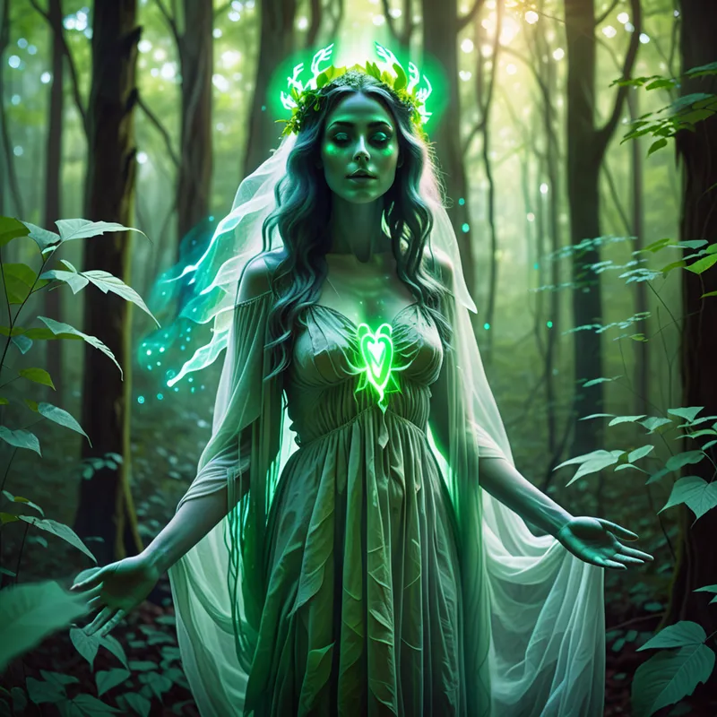 Forest Goddess Apparition - A beautiful ghost girl with a green spectral aura standing in the heart of a lush forest, portrayed as a divine muse and nature goddess. Artistic composition, dreamlike atmosphere, painterly textures, soft light filtering through leaves, and an otherworldly magical presence. - AI image generated with Fictional