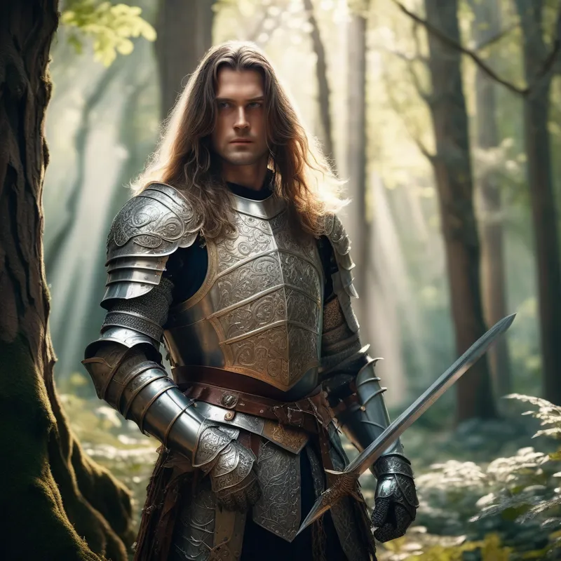 Forest Guardian Knight - A handsome long-haired knight in ornate armor standing in an enchanted forest, soft sunlight filtering through ancient trees, long flowing hair, calm and heroic expression, sword at his side, magical fantasy aesthetic, richly detailed, cinematic scene - AI image generated with Photorealistic