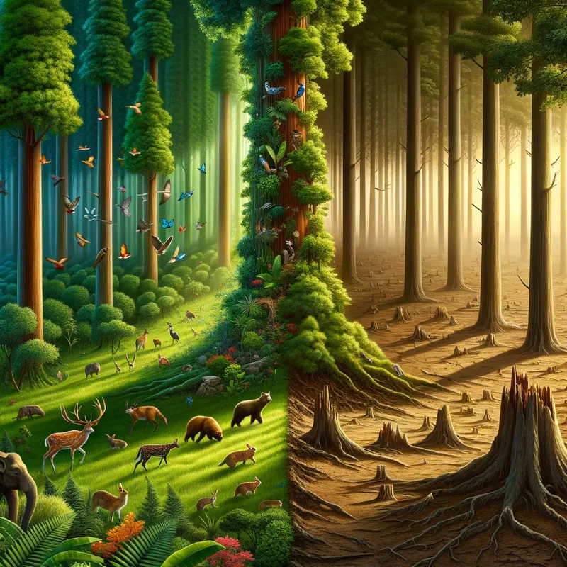 Forest Guardians - A richly detailed forest with towering trees and diverse wildlife, gradually blending into a barren, deforested land, representing the urgent need to protect our forests in the battle against climate change. - AI image generated with Art