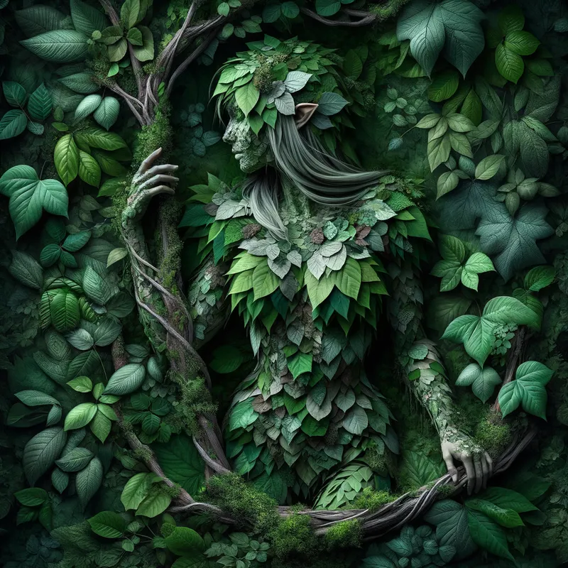 Forest Nymph - A mystical image of a woman as a forest nymph, partially obscured by leaves and vines, her form blending into the natural surroundings, evoking a sense of harmony with nature. - AI image generated with Art