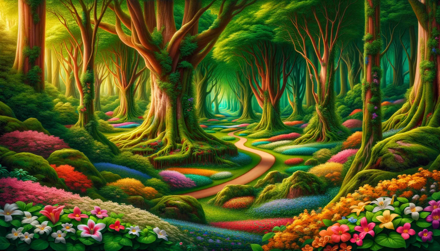 Forest Path - a forest with many old trees, the road in the center, along the road there are many flowers of many different colors - AI image generated with Art