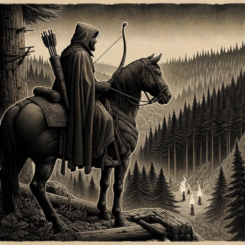 Forest Ranger Outpost - A medieval ranger, cloaked and hidden, sits astride a well-trained horse on a high ridge in the forest. The ranger brandishes a crossbow and gazes into the darkening woods, as distant torches flicker below. - AI image generated with Art - stippling drawing, sepia tone