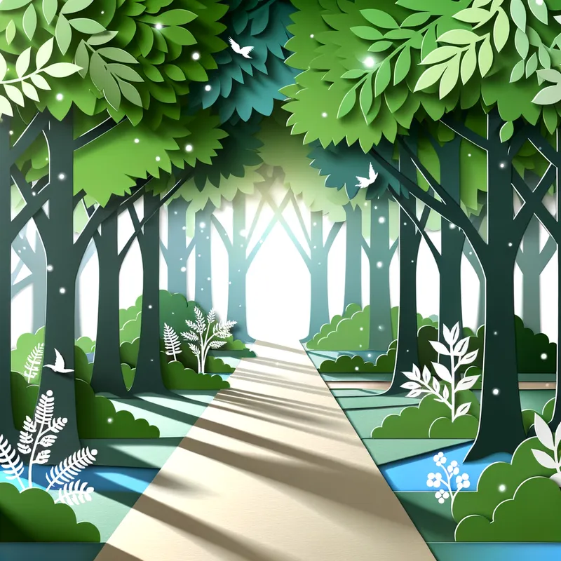 Forest Walk - A delightful paper cut effect design of a forest pathway surrounded by trees, with light filtering through the canopy and adding dimension with shadow and light. - AI image generated with Art
