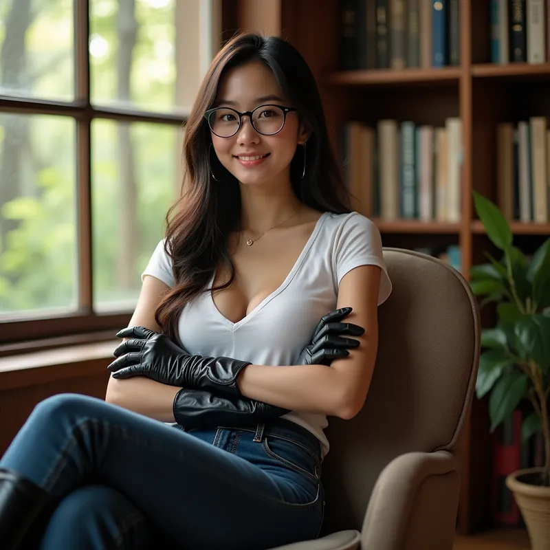 Forested Library Charm - A captivating Asian girl displaying a mesmerizing, sexy face, gorgeous hair, and stylish glasses. She dons a white deep-cut t-shirt, shiny black leather gloves, snug blue jeans, and knee-high brilliant black leather riding boots. Seated alone on an armchair in a sunlit library with a window to a peaceful forest, she crosses her arms under her chest, greeting you with affectionate, beautiful eyes and an inviting, teasing smile, seen from low angle focusing on her boots. - AI image generated with Photorealistic 2