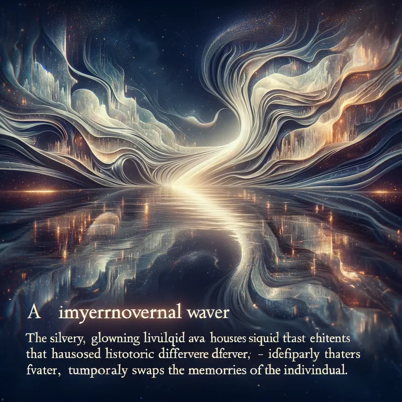 Forgotten Currents - A mysterious river where silvery, memory-laden liquid flows. The ethereal water glows softly, displaying fragmented historical events uniquely to each viewer. Drinking from it causes a temporary swap of memories. - AI image generated with Art - double exposure