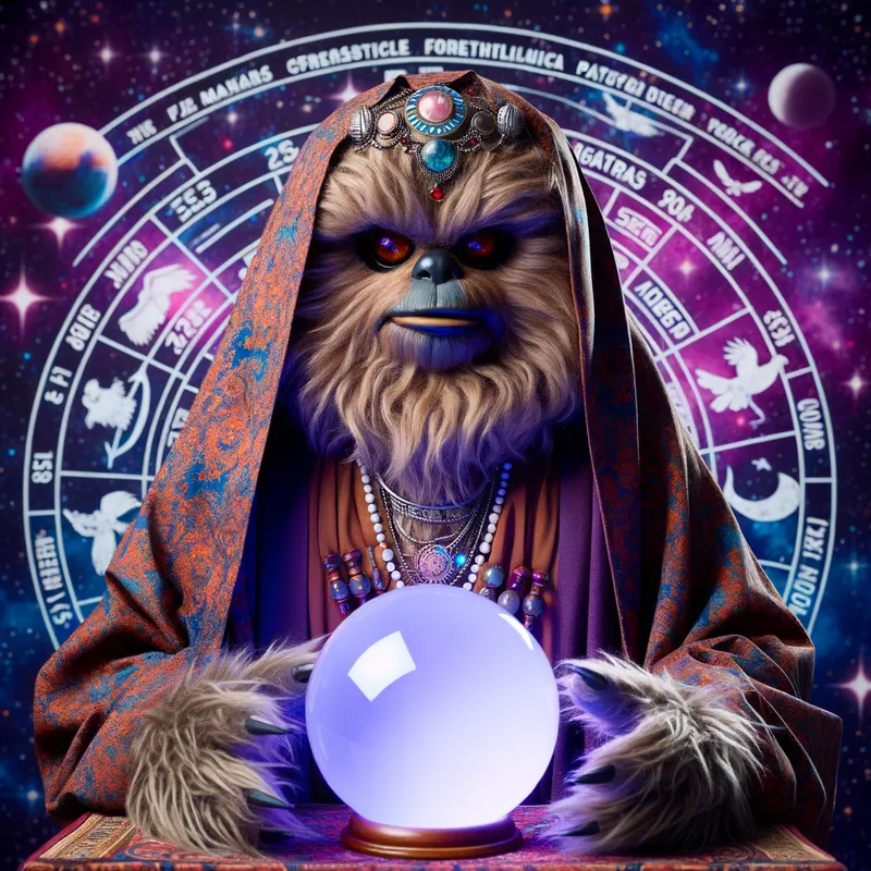 Fortune Teller Wookie - A Star Wars Wookie dressed up as a psychic fortune teller, complete with a crystal ball and mystical robes. - AI image generated with Art