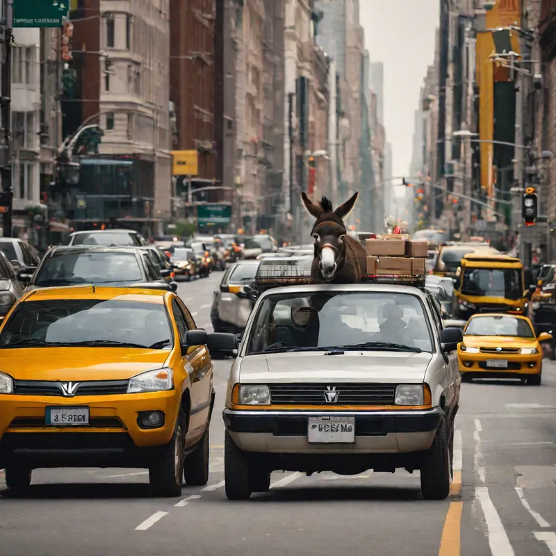 Four-Legged Freeway - A donkey navigating a busy city street, expertly maneuvering a compact car through traffic. - AI image generated with Fictional