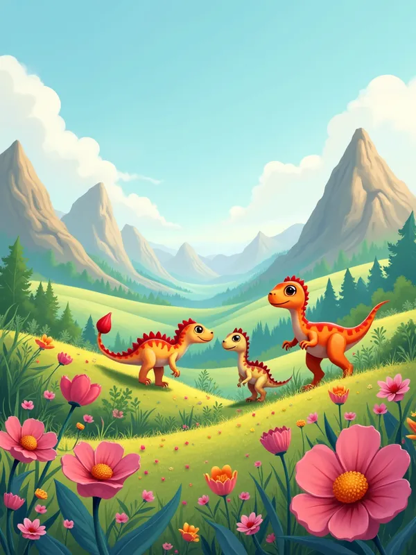Four Small Dinosaurs in Flower Valley - Background featuring a colorful, flower-filled valley and hills with four different small dinosaurs. - AI image generated with Photorealistic 2