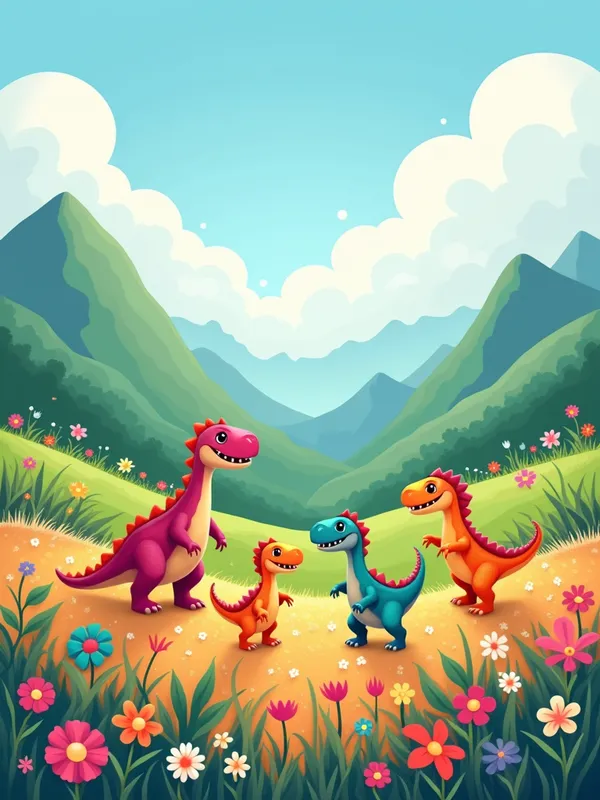 Four Small Dinosaurs in Flower Valley - Background featuring a colorful, flower-filled valley and hills with four different small dinosaurs. - AI image generated with Photorealistic 2