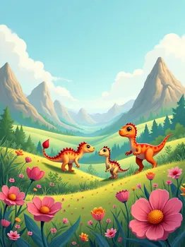 Four Small Dinosaurs in Flower Valley