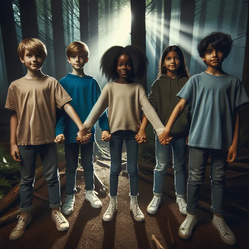 Four teen children of different skin ton - Four teen children of different skin tones holding hands, forming a circle in front of a dark, mysterious forest, with a soft glow illuminating their faces.
The children stepping into the forest, the first rays of light breaking through the trees. - AI image generated with Art
