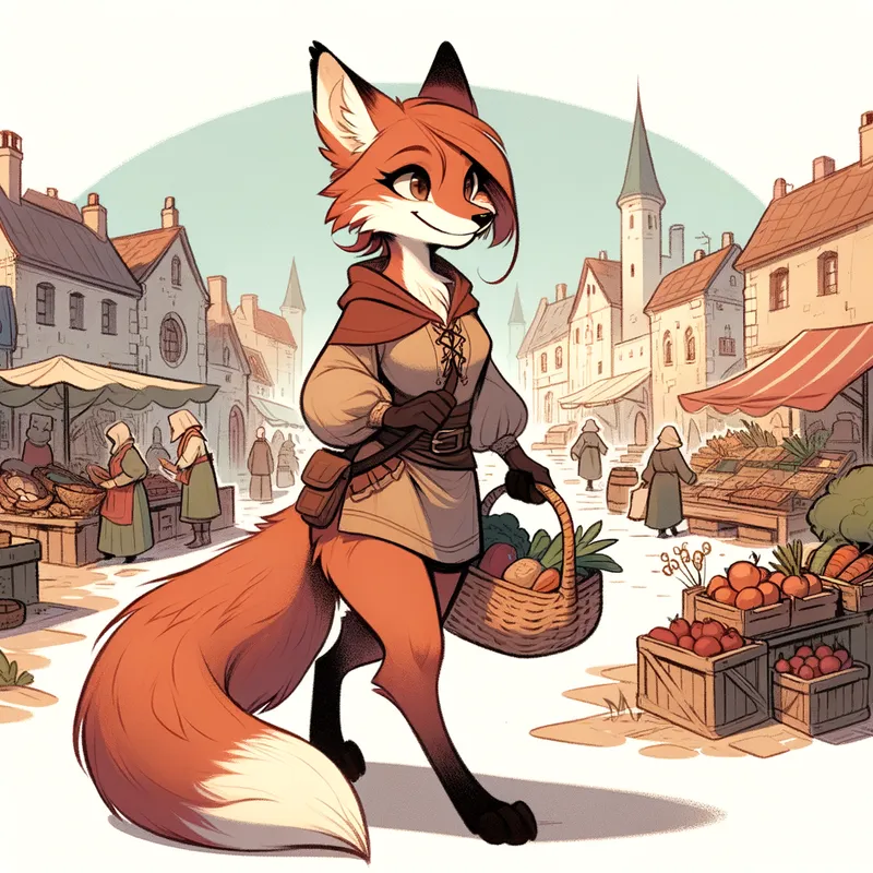Foxgirl's Town Food Run - A fox girl going into town to get food - AI image generated with Art
