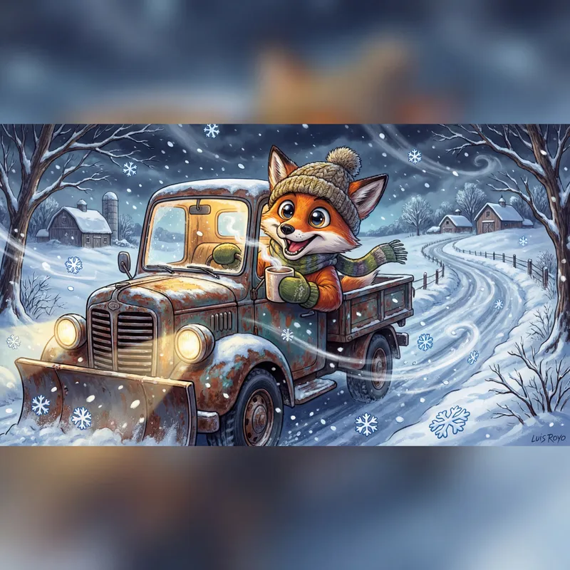Fox's Coffee Break in the Blizzard - In the middle of a blizzard in rural Missouri, a whimsical fox with overly large, sparkling eyes is in the driver's seat of a snow plow, clearing a road covered in a foot of snow. He wears cozy winter gear and holds a steaming mug of coffee with both hands, smiling contentedly. Snow swirls around him, but he looks focused and happy, with the landscape blanketed in white and icy winds blowing. - AI image generated with 4K Pro - vivid colors, night lighting, cartoony