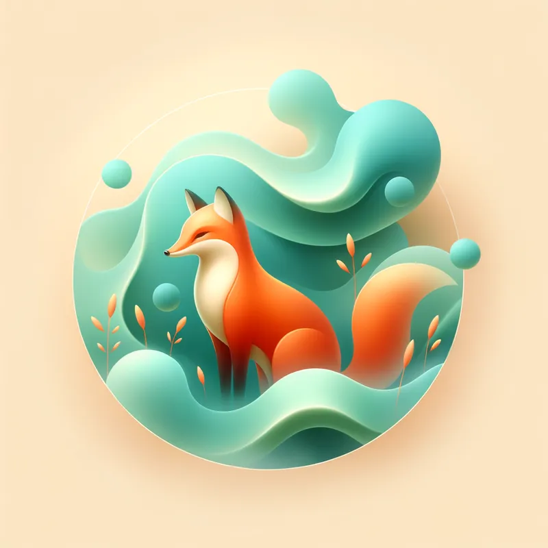 Fox's Gentle World - A calm and peaceful image centered around a fox character painted in bright orange, surrounded by mint-colored, fluid shapes. The soft, gentle forms create a serene backdrop that highlights the fox's intelligence and calm nature. - AI image generated with Art